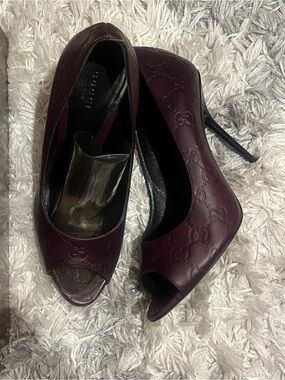 Gucci Plum Embossed Leather Peep-Toe Stilettos